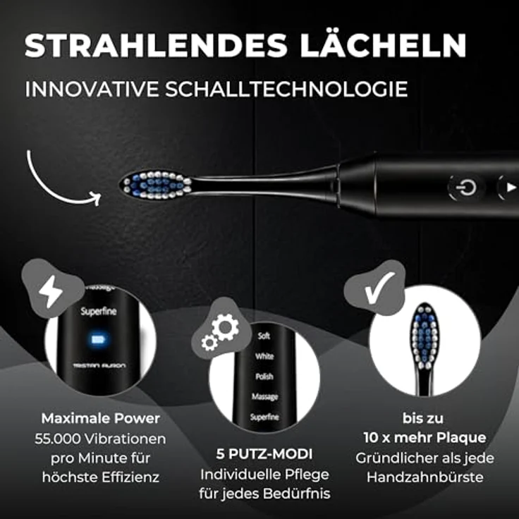 Tristan Auron Schallzahnbürste Business Class - Schallzahnbürste mit UV-Case & 2 Aufsätzen – Sonic Technologie – 60 Tage Akkulaufzeit – Ideal für Reisen & tägliche Anwendung (Schwarz) – Bild 9