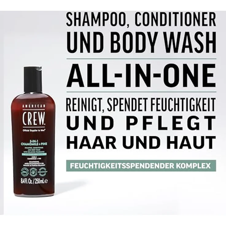 AMERICAN CREW 3-in-1 Chamomile & Pine Shampoo, Conditioner & Body Wash, 250ml - Pflegeshampoo und Duschgel für Männer, mit entspannendem Duft – Bild 2
