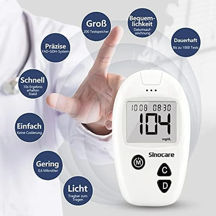 Sinocare Safe-Accu Blutzuckermessgerät Set, inklusive 50 Teststreifen, 200 Messergebnisse Speicherplatz, einfache Ein-Tasten-Bedienung – Bild 2