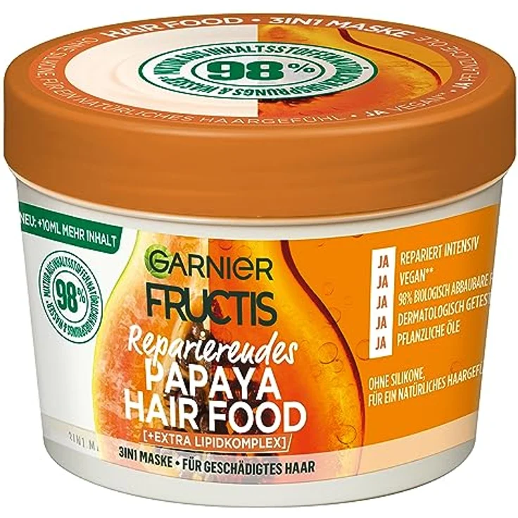 Garnier Papaya 3in1 Haarmaske für geschädigtes Haar, Leave In für intensive Pflege und Geschmeidigkeit, Vegane Formel mit natürlichen Inhaltsstoffen, Fructis Hair Food, 1 x 400 ml – Bild 1