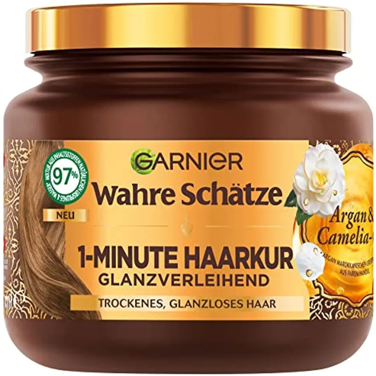 Wahre Schätze Glanzverleihende 1-Minute Haarkur für trockenes und glanzloses Haar, Mit Arganöl und Cameliaöl für Glanz und Geschmeidigkeit, Vegane Formel, 1 x 340 ml