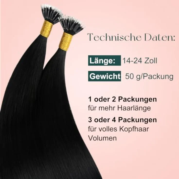Easyouth Nano Bead Extensions, Echthaar Haarverlängerungen Pechschwarz, 35 cm, 50 Stück, 50g, Pre Bonded, Nano Ring #1 – Bild 5
