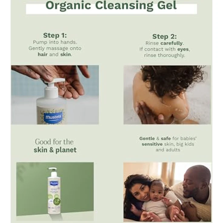 Mustela Veganes Bio-Reinigungsgel mit Olivenöl, Aloe Vera und Glycerin, 99% natürliche Inhaltsstoffe, sanfte Reinigung für Körper und Haare, für die ganze Familie, 400ml – Bild 2