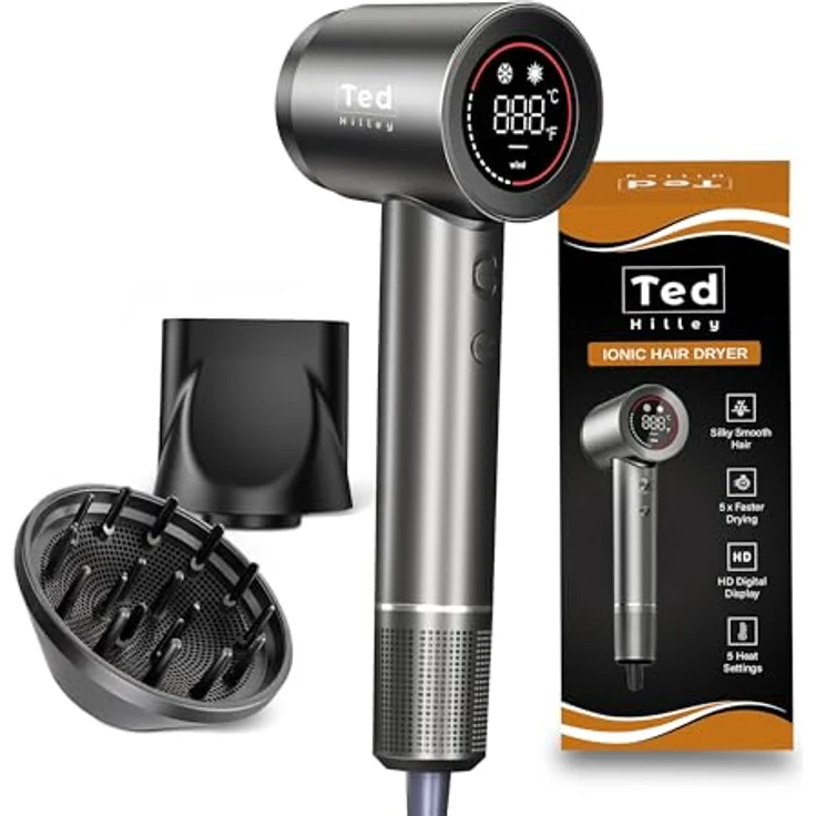 Ted Hilley Ionen Föhn mit Diffusor & High-Speed Motor, 5× schnellerer Haartrockner mit 5 Heizstufen, 2 Geschwindigkeiten, HD-Display, leicht & kompakt für Reisen – Bild 1