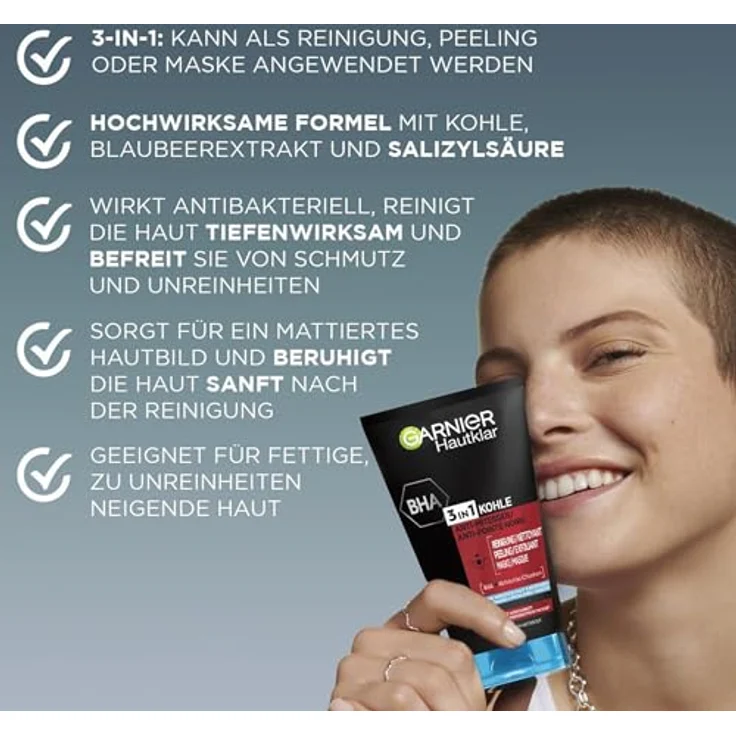 Garnier Hautklar 3 in 1 Gesichtsreinigung für unreine Haut, Anti-Mitesser Reinigung, Peeling und Maske, Mit Kohle, Blaubeerextrakt und Salizylsäure, Ohne Parabene - 3 x 150 ml – Bild 2
