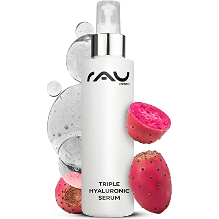 RAU Cosmetics Hyaluron Serum Hochdosiert - Triple Hyaluronic Serum 100 ml - Feuchtigkeitsboost mit 3 Hyaluronsäuren & Kaktusfeigen Extrakt - Anti-Aging Serum