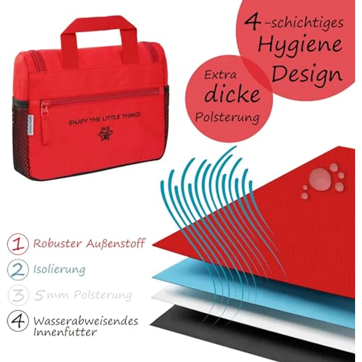 GRINSEZWERGE Kinder Kulturtasche, Reise Kulturbeutel zum Aufhängen mit 3 Reißverschluss- und 4 Netztaschen, Premium Qualität, inklusive abnehmbarem Spiegel und Namensschild – Bild 5
