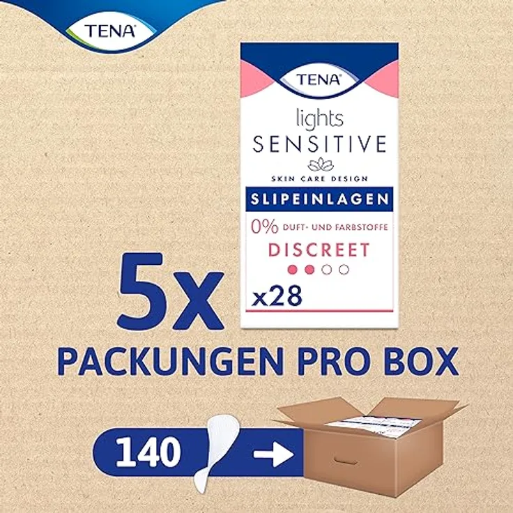 TENA Lights Sensitive Discreet, Monatspaket mit 140 Slipeinlagen, Dreifachschutz vor Auslaufen, Feuchtigkeit und Gerüchen