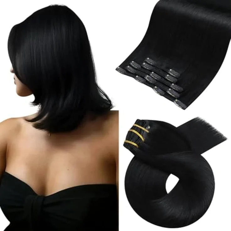 Moresoo Clip in Extensions, Echthaar Remy Schwarz, 70g, 30 cm, 5 Tressen für volleres Haar – Bild 1