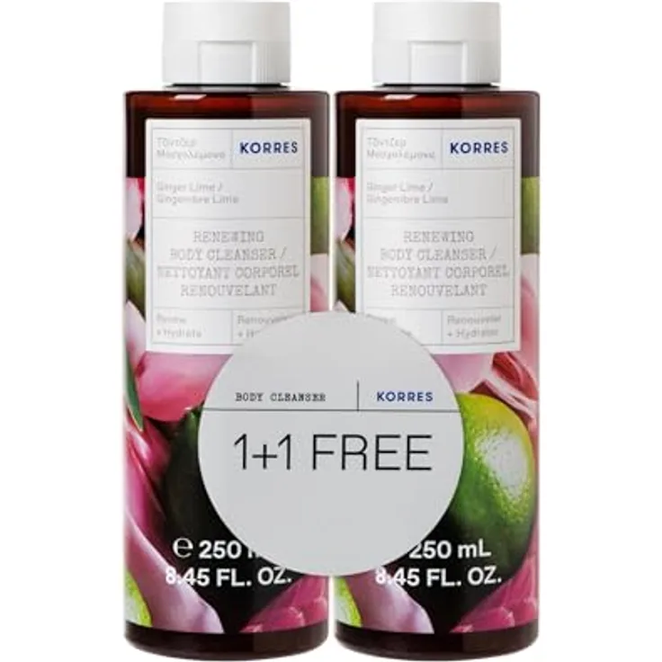 KORRES GINGER LIME 1+1 Duschgel Set, revitalisierendes Duschgel mit aktiv Aloe-Vera und fruchtigem Duft, dermatologisch getestet & vegan, 2x 250 ml
