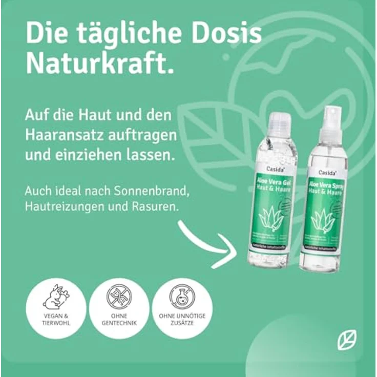 Casida® Aloe Vera Set - Aloe Vera Gel & Aloe Vera Spray - Intensive Feuchtigkeitspflege für Haut & Haare - aus der Apotheke - 2x 200 ml – Bild 3