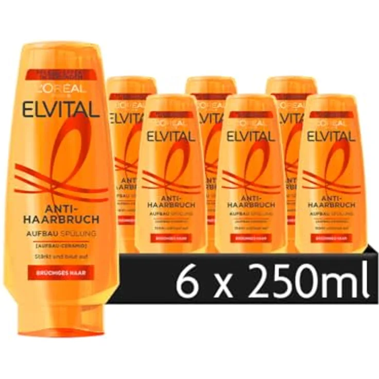 L'Oréal Paris Elvital Anti-Haarbruch Pflegende Aufbauspülung mit Aufbau-Ceramid, 6 x 250 ml - Intensive Haarstruktur-Wiederherstellung für weniger Haarbruch