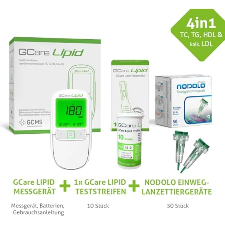 GCare LIPID Cholesterin Messgerät, Blutfett Messsystem für Zuhause mit 10 Teststreifen und 50 Stechhilfen, präzise Ergebnisse für Gesamtcholesterin und Triglyceride – Bild 2