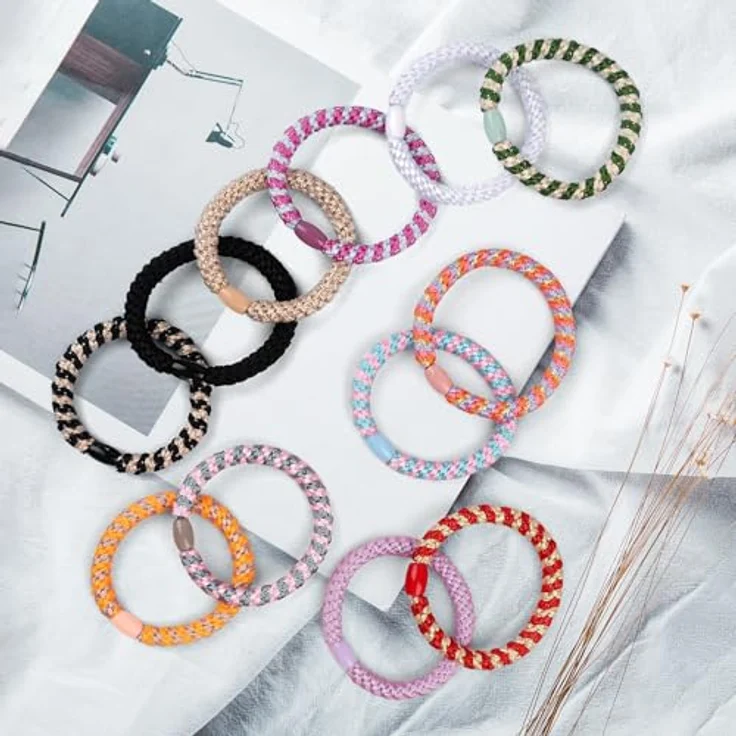 Kisvic Haargummi Set, 12 Stück Mehrfarbige Geflochtene Haargummis für Damen, Elastische Haarbänder für Dickes und Lockiges Haar – Bild 5