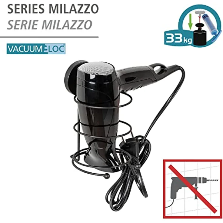 Wenko Fönhalter 'Milazzo', praktischer Fön-Halter aus schwarz-matt lackiertem Stahl mit Vacuum-Loc®-Befestigungssystem ohne Bohren, 11,5 x 17,5 x 14,5 cm – Bild 4