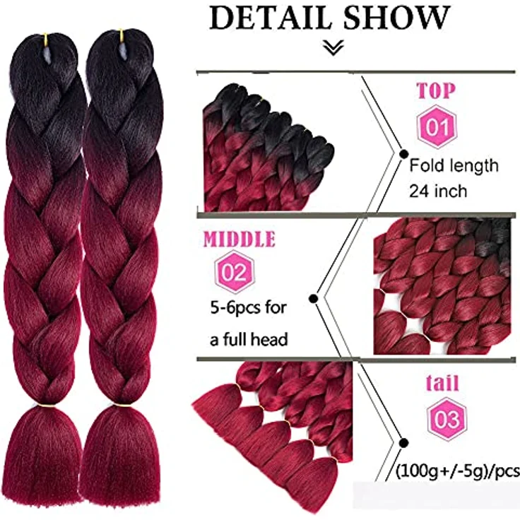 Shangxiu Jumbo Braids Extensions, kunsthaar zum einflechten, weinrot, 6 Stück, 60cm, hitzebeständig, Yaki Textur für Box Braids – Bild 3