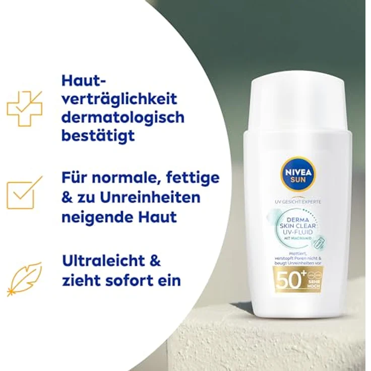 Nivea Sun Sonnenschutz Fluid LSF 50+ Derma Skin Clear UV-Fluid, nicht fettend, mit Anti-Unreinheiten Komplex & Niacinamid, 40 ml – Bild 2