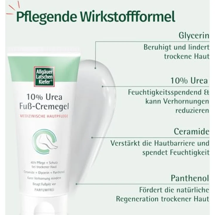 Allgäuer Latschenkiefer 10% Urea Fuß-Cremegel | Intensive 48h Pflege für trockene Füße | Parfümfreie Formel | Auch zur Hautpflege bei Diabetikern geeignet | 100 ml – Bild 4