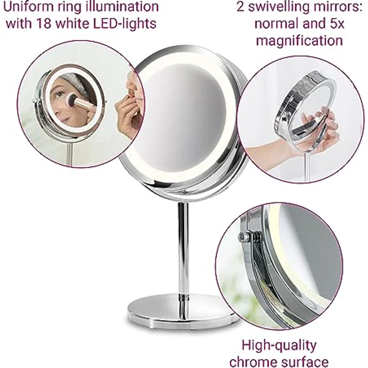medisana CM 840 Kosmetikspiegel mit LED-Beleuchtung, Schminkspiegel mit 5-facher Vergrößerung, Tischspiegel, Doppelseitig, 360° schwenkbar, Silber, 31,5 x 20,5 cm – Bild 4