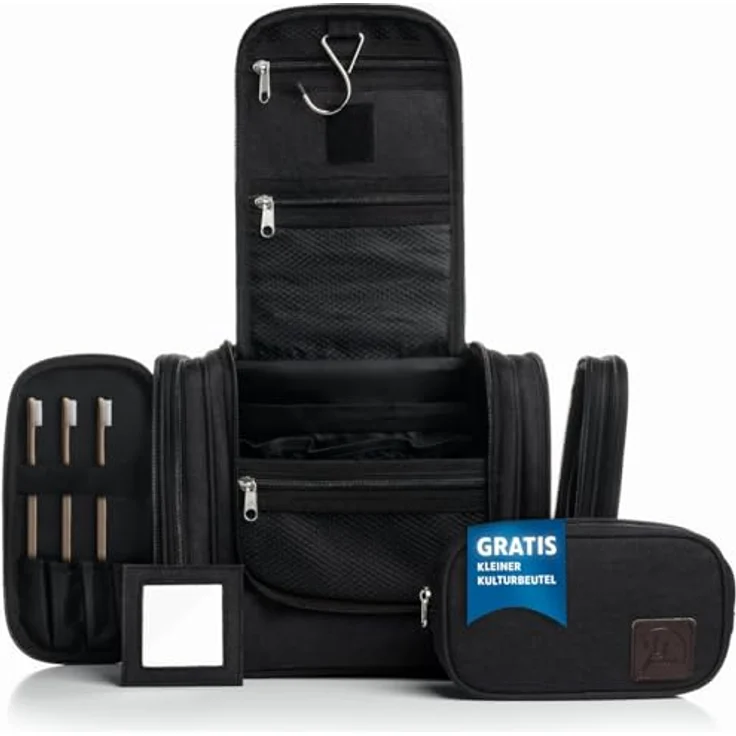 Obics Kulturbeutel Damen & Herren Gross schwarz 8L XXL - Kulturtasche zum Aufhängen, mit Spiegel - Outdoor Kosmetik-Tasche groß als Geschenke-Set mit 10 Fächer für Camping & Reisen – Bild 1