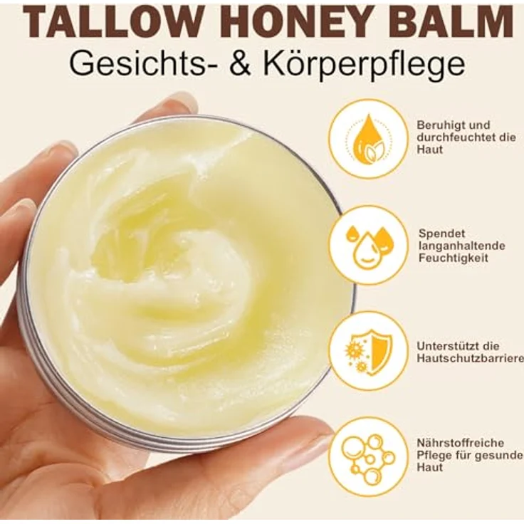 P-Beauty Tallow Honey Körper & Gesicht Balsam, natürliche Pflegecreme mit Rindertalg & Honig, beruhigt gereizte Haut, stärkt die Hautbarriere, für alle Hauttypen – Bild 2