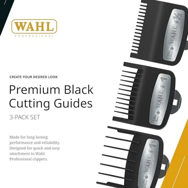 Wahl Premium Cutting Guides 03354-5001, 3 Premium-Aufsteckkämme mit Schnittlängen 1,5/3/4,5 mm, glas- und mineralgefüllter Kunststoff, sichere Metallbefestigung – Bild 2