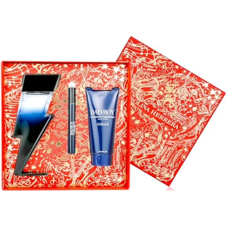 Carolina Herrera Bad Boy Cobalt, 3-teiliges Geschenkset für Herren mit 100 ml Eau de Parfum Spray, 10 g Duschgel und 10 ml Eau de Parfum Spray, aromatischer Duft mit Bergamot und Leder