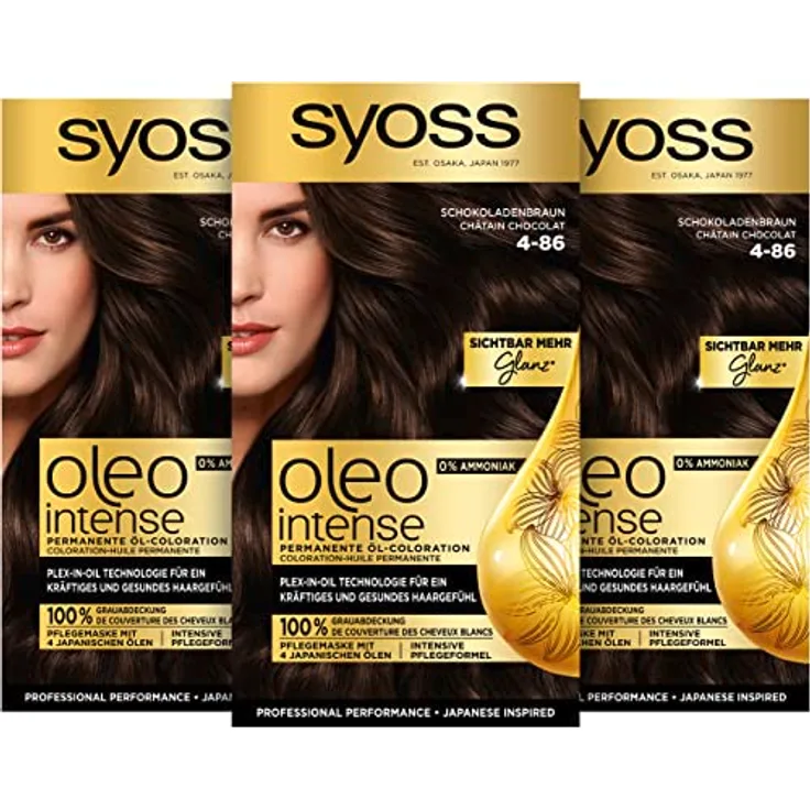 Syoss Oleo Intense Öl-Coloration 4-86 Schokoladenbraun Stufe 3 (3 x 115 ml), dauerhafte Haarfarbe mit pflegendem Öl, Coloration ohne Ammoniak
