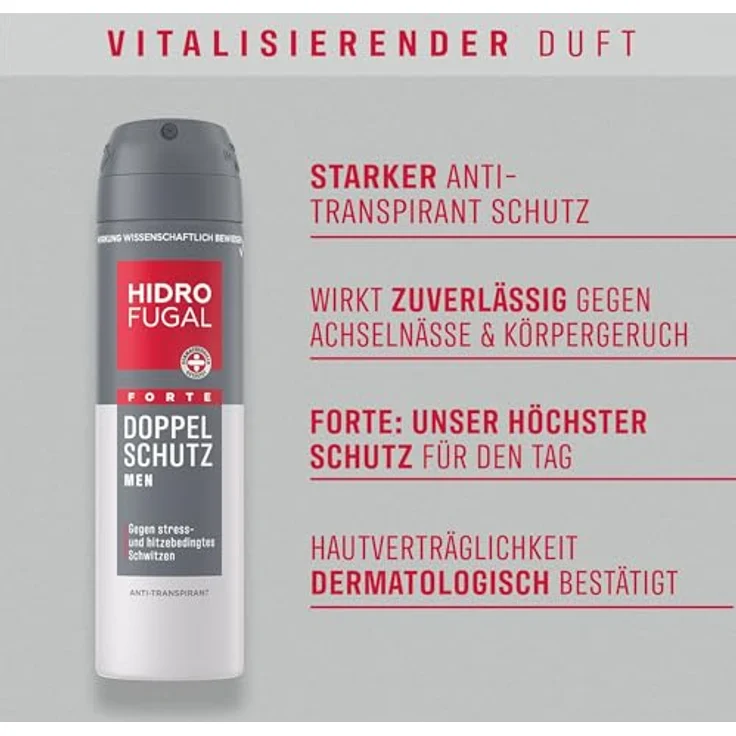 Hidrofugal MEN FORTE DOPPEL SCHUTZ Spray, Deospray mit starkem Antitranspirant Schutz gegen stressbedingtes Schwitzen, alkoholfrei, 150 ml – Bild 2