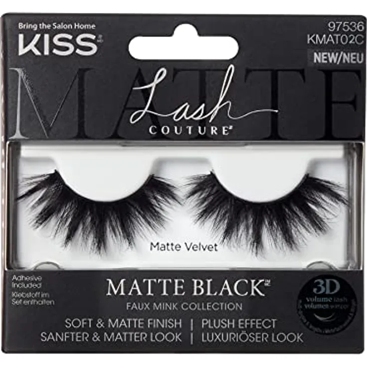KISS Lash Couture Matte Black Collection 1 Paar künstliche Wimpern, Matte Velvet, weiche und matte Faux Mink Lashes mit KISS-Flexi-Wimpernband, inklusive Wimpernkleber