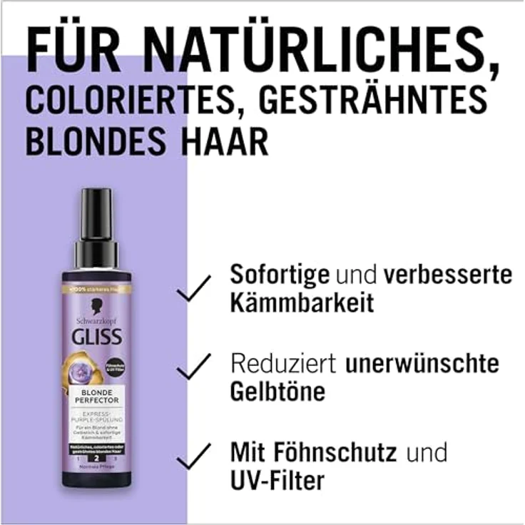 Gliss Express-Purple-Spülung Blonde Perfector, Haarspülung zum Sprühen für blondes Haar mit Föhnschutz & UV-Filter, 200 ml – Bild 4