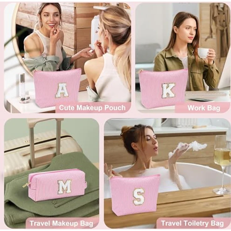 Parima Buchstaben Kosmetiktasche Mädchen - 2er Set Rosa mit Buchstaben C, große und kleine Make-up-Tasche mit praktischem Tragegriff und mehreren Fächern – Bild 5