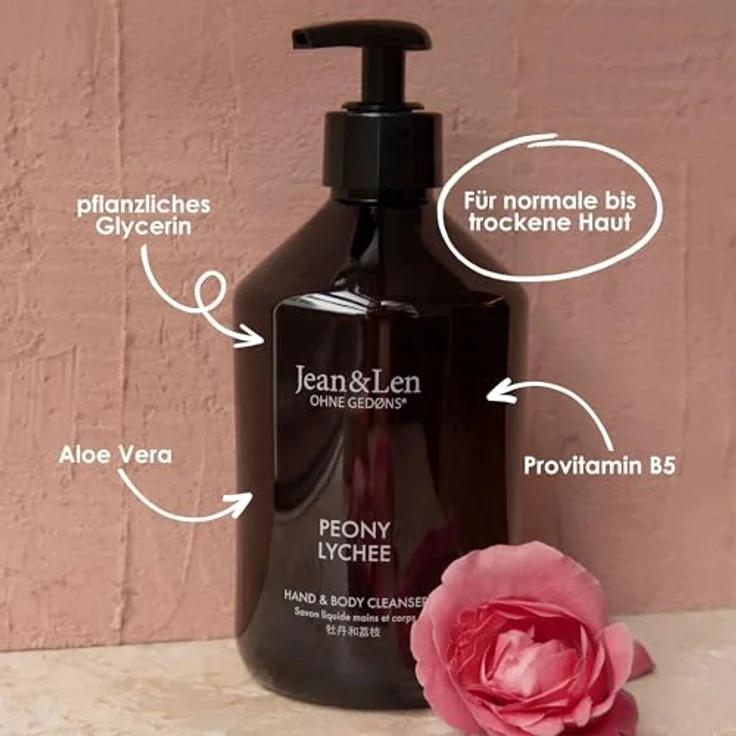 Jean & Len Hand & Body Cleanser Peony & Lychee, vegane Flüssigseife für Hände & Körper, 500 ml, floraler Duft, ohne Silikone & Parabene – Bild 3