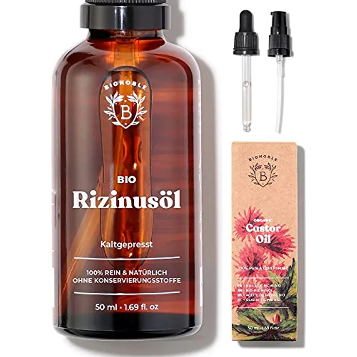 Bionoble Rizinusöl Bio 50ml - 100% Rein, Natürlich und Kaltgepresst - Wimpern, Augenbrauen, Haare, Bart, Nägel - Vegan und Cruelty Free - Castor Oil - Glasflasche + Pipette + Pumpe