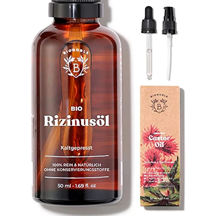 Bionoble Rizinusöl Bio 50ml - 100% Rein, Natürlich und Kaltgepresst - Wimpern, Augenbrauen, Haare, Bart, Nägel - Vegan und Cruelty Free - Castor Oil - Glasflasche + Pipette + Pumpe – Bild 1