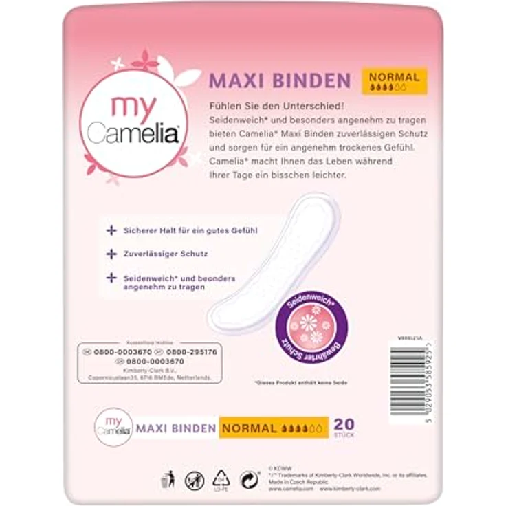 Camelia Maxi Binden Normal, 120 Stück, hohe Saugfähigkeit und seidenweicher Tragekomfort – Bild 4