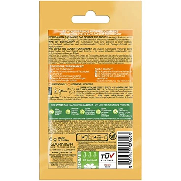 Garnier Augen-Tuchmaske, Feuchtigkeitsspendend, Gegen dunkle Augenringe, Reduzierung von Tränensäcken, Vegane Formel mit Orangen-Extrakt und Hyaluronsäure, Hydra Bomb, 6 g – Bild 2