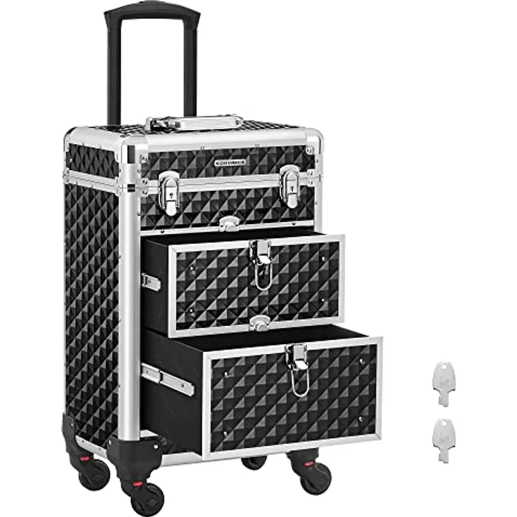 SONGMICS Kosmetikkoffer Trolley, Schminkkoffer 2 Schubladen, Friseurkoffer groß, Make-up Koffer, 34 x 24 x 56 cm, Rollen 360° drehbar, Reisen, Friseure, Geschenkidee, schwarz JHZ08BK