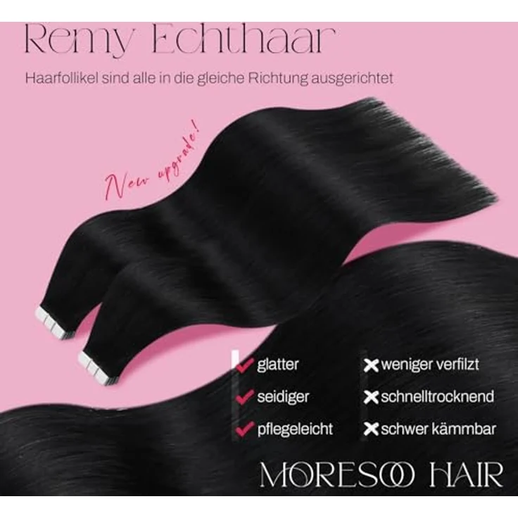 Moresoo Tape In Extensions Echthaar, Tiefschwarz, nahtlos, 35 cm, 20 Stück, 40 g, seidig glatt, Remy, voluminös für Hochzeit und Party – Bild 2