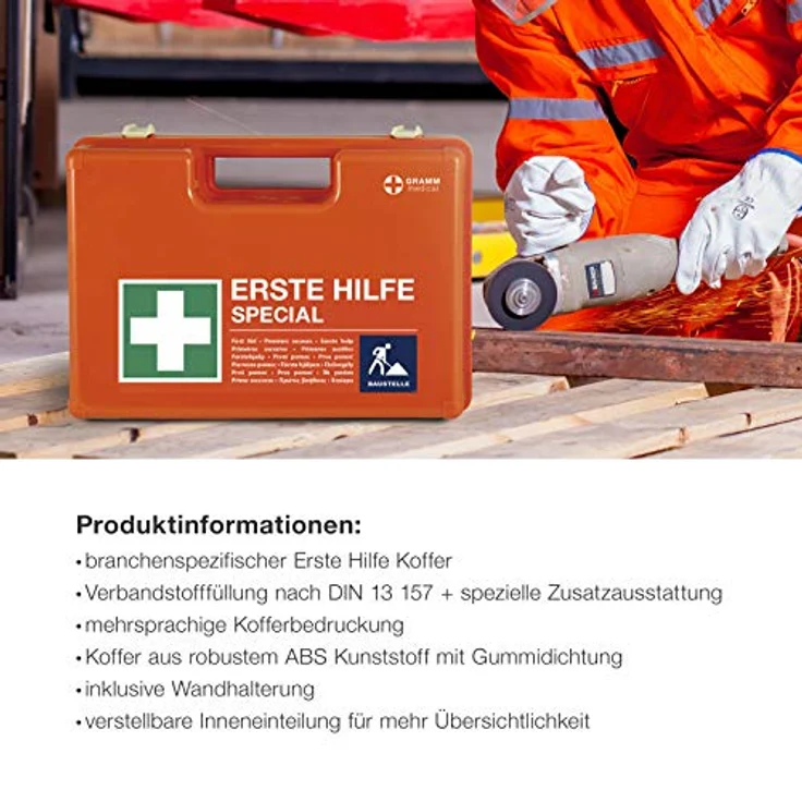 ACTIOMEDIC Erste-Hilfe-Kasten SPECIAL BAUSTELLE, DIN 13157:2021, orangefarben, Notfallkoffer mit Wandhalterung und mehrsprachiger Beschriftung, 42 x 33 x 15 cm, inklusive zusätzlichem Zubehör – Bild 4