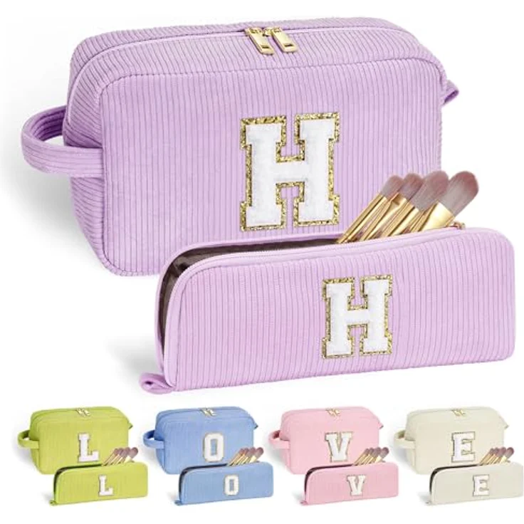 Parima Cord Reise Kosmetiktasche, lila, 2-teilig mit Buchstaben H, praktischer Make-up Organizer für Frauen und Mädchen – Bild 1