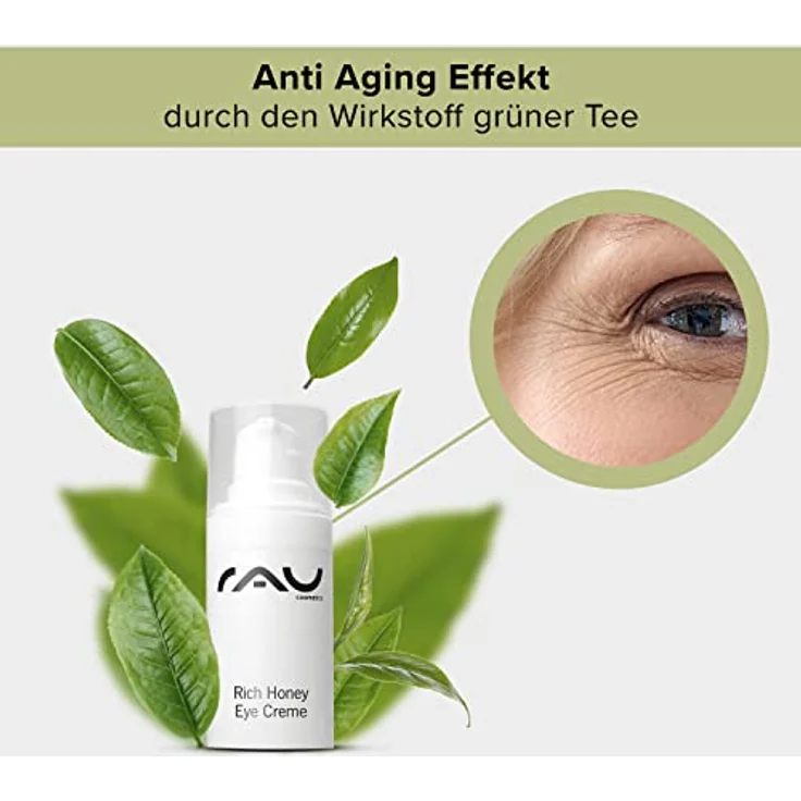 RAU Cosmetics Augencreme für sehr trockene Haut - Rich Honey Eye Cream 15 ml - Reichhaltige Anti Aging Augenpflege mit Shea Butter & Kakao Butter, Avocadoöl, Grüner Tee, Rosenwasser & Vitamin E – Bild 3