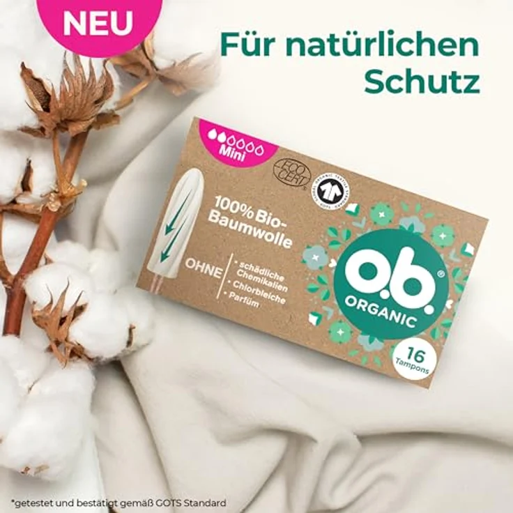 o.b. Organic Tampons Mini, 100% Bio-Baumwolle, für leichte bis mittlere Tage, OEKO-TEX 100 zertifiziert – Bild 2