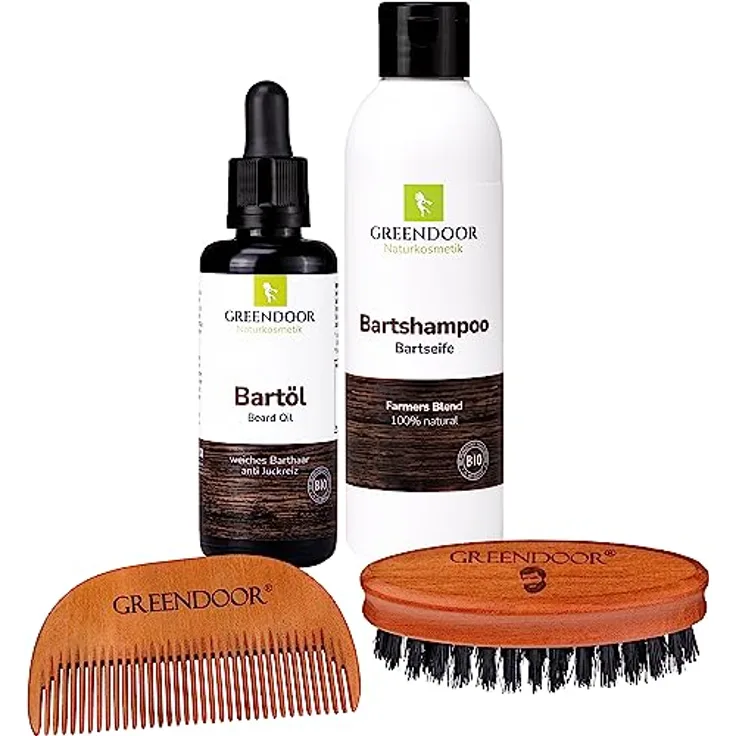 GREENDOOR Bartpflege-Set BERLIN zum SPARPREIS | Natur Bartseife 200ml + Bio Bartöl 50ml + Bartbürste Birnbaumholz mit Wildschweinborsten + Bartkamm Holz | Geschenk-Set Mann Vollbart Bart