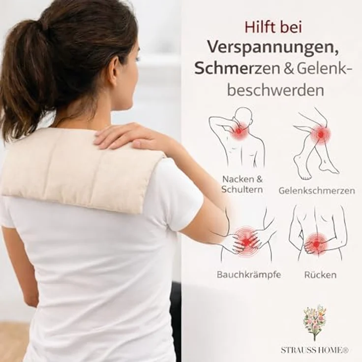 Strauss Home® Körnerkissen groß – Mikrowellengeeignetes Wärmekissen mit natürlichen Weizenkörnern und Lavendel für Nacken, Schultern und Rücken – 20x50 cm – Bild 2