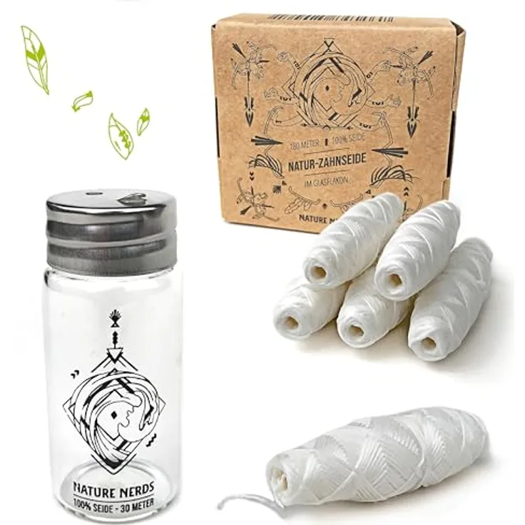 Nature Nerds – plastikfreie Natur Zahnseide im Glas-Flakon gewachst mit Candelilla – 6 Spulen = 180 m (180)