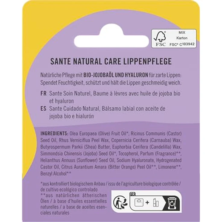 SANTE Natural Care Lip Balm, sanfte Pflege mit Bio-Jojobaöl & Hyaluron, NaTrue-zertifiziert und vegan, 4,6g – Bild 2