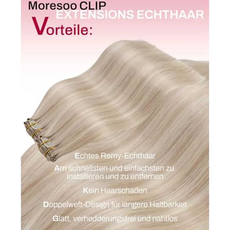 Moresoo Clip in Extensions Echthaar 120g, Aschblond mit 7 Doppel-Tressen, 45cm Remy-Echthaar – Bild 2