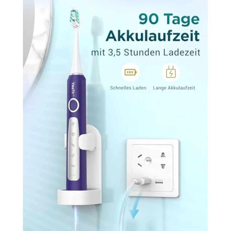 YTEATH PRO Elektrische Zahnbürste YTEATH PRO Schallzahnbürste mit 8 Bürstenköpfen, 5 Modi, 90 Tagen Akkulaufzeit und Smart Timer für Erwachsene und Kinder – Bild 5
