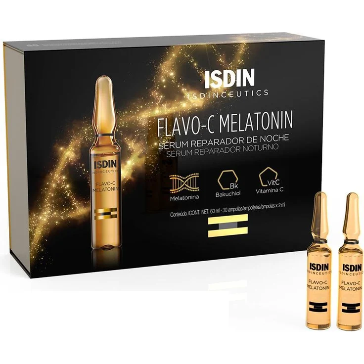 Isdin Flavo-C Melatonin Gesichtsserum, 60 ml mit regenerierender Feuchtigkeitspflege und Anti-Stress-Wirkung